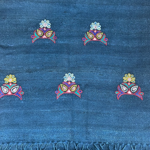 Petroleum Green Cotton Embroidered Tasseled Scarf - Picture 16 of 17